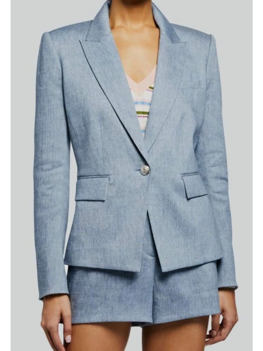 Veronica Beard Danielle One Button Dickey Denim Jacket Blazer Linen Blue 6 - Picture 1 of 4